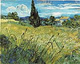 Field Canvas Paintings - Green Wheat Field with Cypress